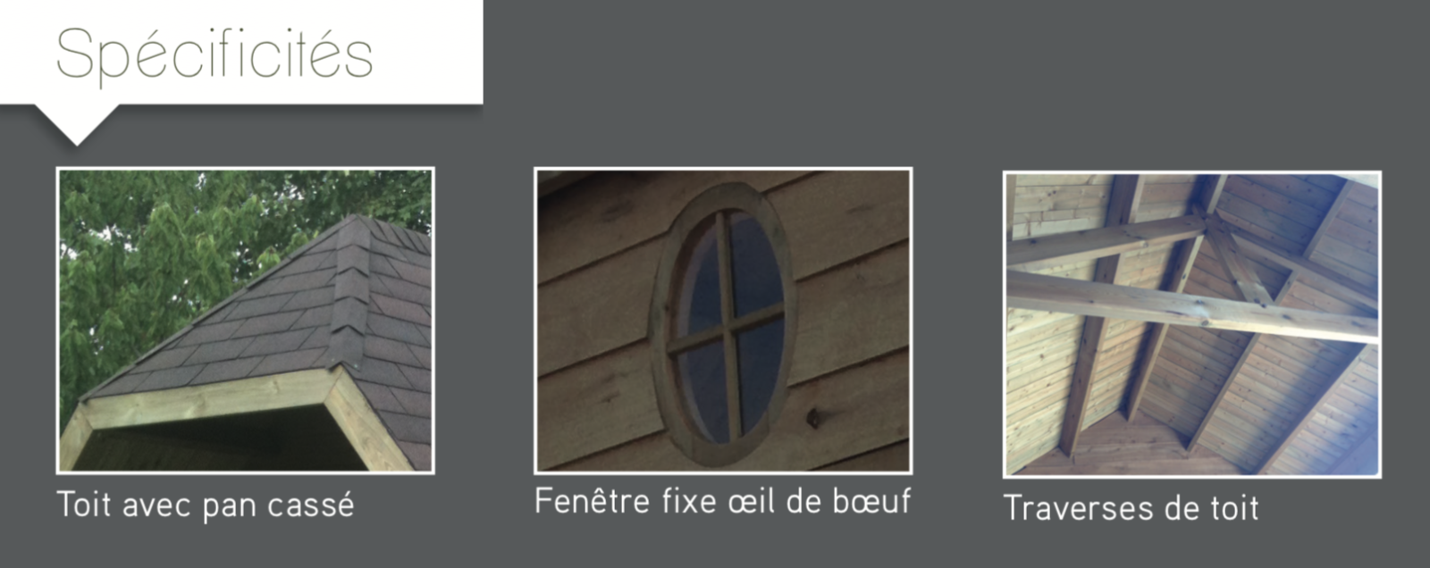 Cottage Spécificités Toit avec pan cassé Fenêtre fixe œil de bœuf Traverses de toit abri de jardin en bois