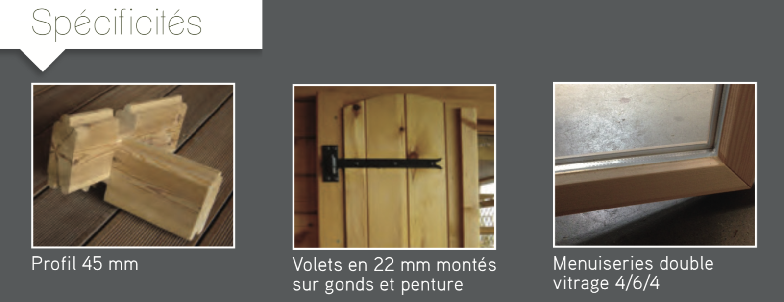Courchevel Spécificités Profil 45 mm Volets en 22 mm montés sur gonds et penture Menuiseries double vitrage 4:6:4 abri de jardin en bois